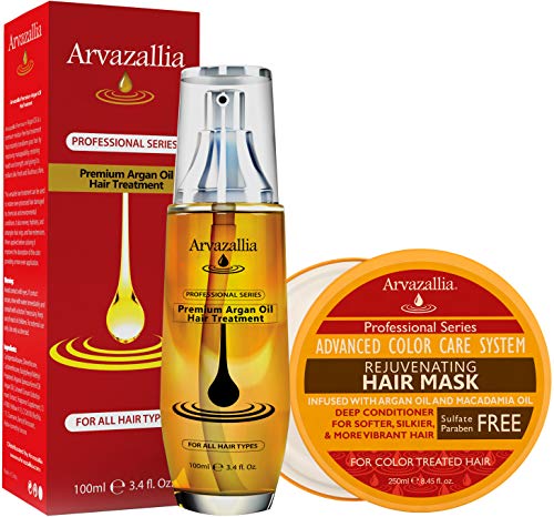 Rejuvenating Hair Mask and Premium Argan Oil Hair Treatment Products Bundle - Deep Conditioning , Color Protection , and Damage Repair For Color-treated Hair by Arvazallia