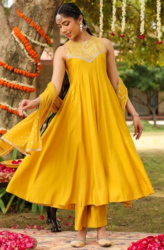 Image of Janasya Women Yellow Chanderi Silk Embellished Anarkali Kurta Set with Dupatta
