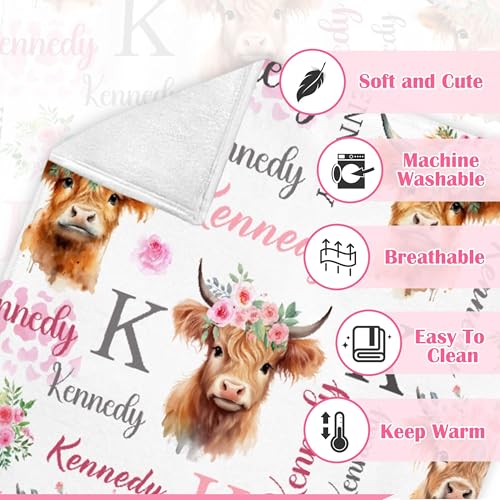 Image of Personalized Highland Cow Blankets, Custom Highland Cow Gifts for Boys Girls,Soft Flannel Animal Throw Blanket with Name,60 inchx80 inch for Adults