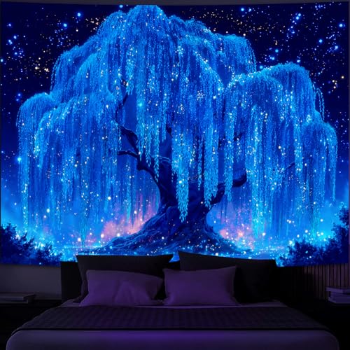 Simpkeely Tapisserie Arbre Nuit Étoilée Blacklight – Saule Réactif aux UV, Arbre de Vie Néon, Lumineux dans le Noir, Galaxie Mystique Art Mural pour Chambre et...