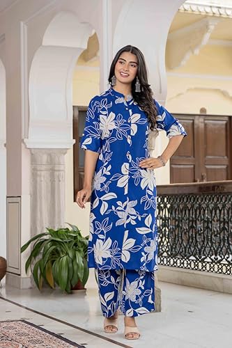 Image of Women's Floral Print Rayon Kurta Palazzo, Round Neck Half Sleeve, Regular Fit, Ethnic Casual Wear