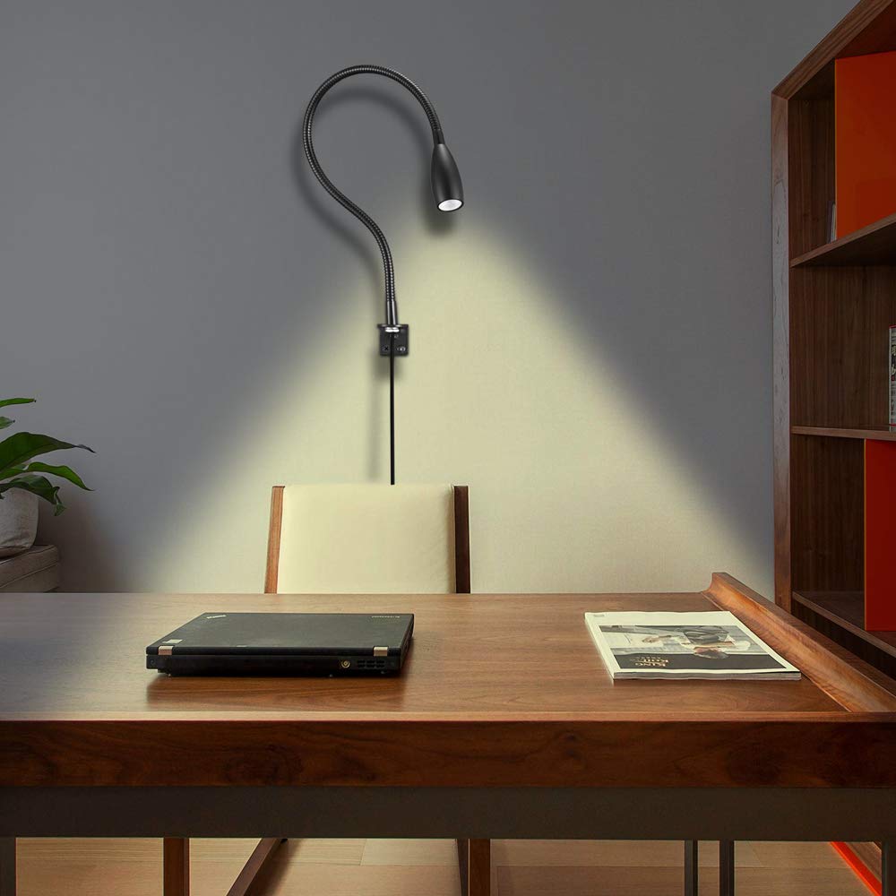 Lampka do czytania LED,lampka nocna Oświetlenie naścienne Półka na biurko Oświetlenie wyświetlacza 200lm/3000k/3w/110-240 V AC, kąt świecenia: 30 °, długość gęsiej szyi:49cm,długość przewodu zasilającego:2m,ciepła biel(włącznik/wyłącznik) (czarny)