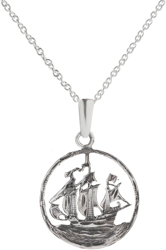 Sterling Silver Seven Seas Pirate Ship Pendant Necklace, 18"