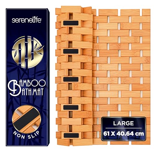 SereneLife Bamboo Bath and Shower Mat 40x60 cm Non-Slip Floor Mat with Extra Grips Slatted Design Natural Finish for Bathroom Spa Sauna Rollable and Easy to Clean