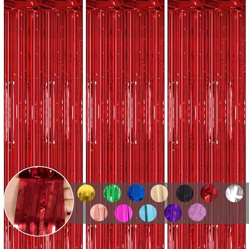 3 pièces Rideau Métallique de Frange Rouge,1mx2m Scintillants Foil Rideau Shimmer Brillants Decoration Anniversaire Photo Fond,pour Deco Porte...