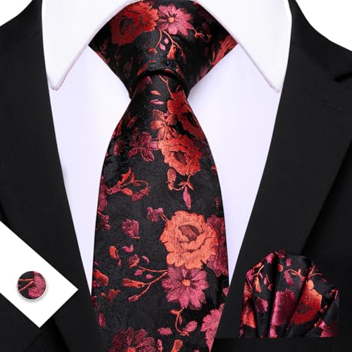 Image of Barry.Wang Flower Ties for Men Handkerchief Cufflinks Set Wedding Necktie Set Party