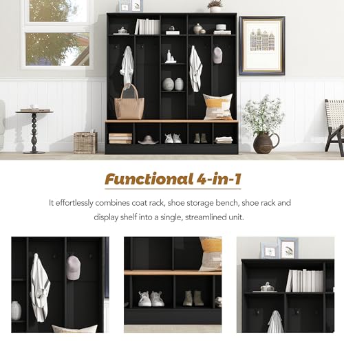 Image of Ball & Cast Wide Hall Tree with Storage Bench, 4-in-1 Entryway Shoe Cabinet with Cube Storage & Open Shelves, Coat Rack with 8 Hooks, Modern Minimalist Mudroom Organizer, Black