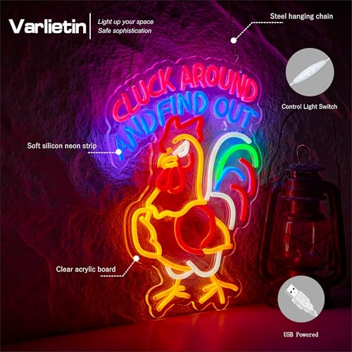 Image of Funny Chicken Looking Around Neon Sign with inchCLUCK AROUND AND FIND OUT inch for Wall Decor,Rooster LED Sign for Home Farmhouse Kitchen Garden Man Cave Gift