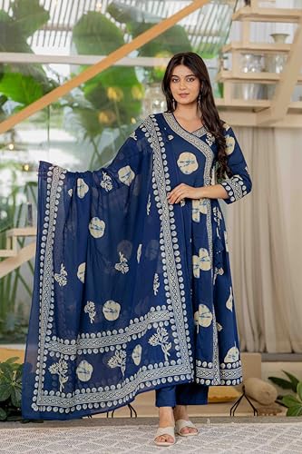 Image of Pistaa's Women's Pure Cotton Anarkali Floral Printed Hand Work Kurta with Pant & Dupatta Set