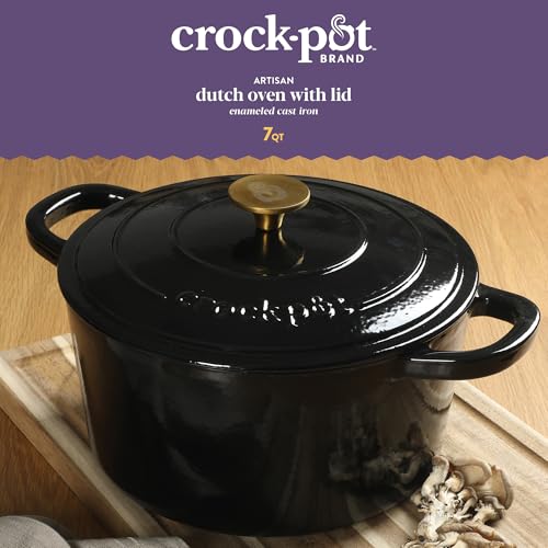 Image of Crock Pot Artisan 7-Quart Round Cast Iron Dutch Oven with Lid - Black Enamel Finish, Gold Knob, Durable Heavy-Duty Cookware for Slow Cooking, Baking, and Roasting