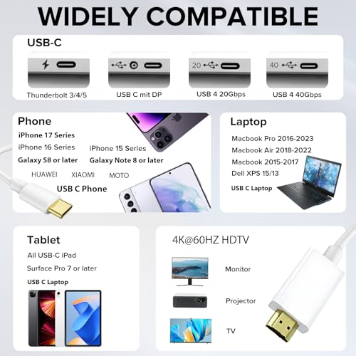 Image of KikoSaka USB C to HDTV Cable 4K 60Hz Type C to HDTV Adapter High Speed | USBC Digital AV Thunderbolt 3 /4 /5 for TV Monitor Projector Compatible with iPhone 17 16 15, Galaxy and More USB-C Device 6FT
