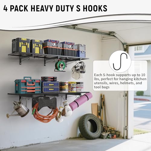 Image of Garage Wall Shelves, 46 inchX12.5 inch Garage Shelving Wall Mounted, Heavy Duty Shelf Storage Rack with 4 Hooks, Black Organizer Floating Metal Shelf 160 LBS Capacity for Office, Basement, Laundry Room