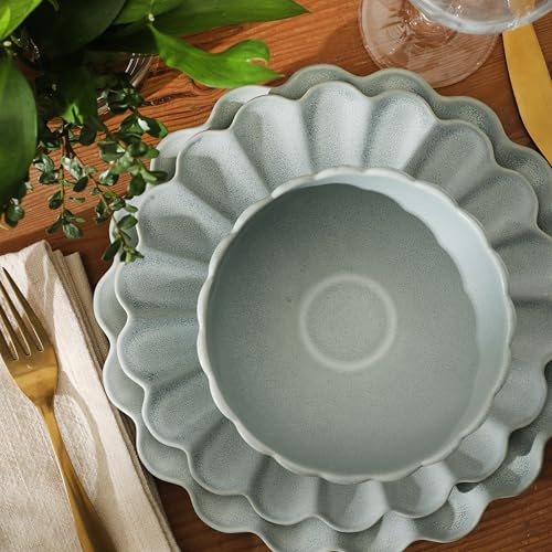 Image of Gibson Elite Bistro Fleur Plates and Bowls Sets, 12-Piece Stoneware Dinnerware Set for 4, Sage Blue Scalloped Dish Set with Dinner Plates, Salad Plates & Bowls