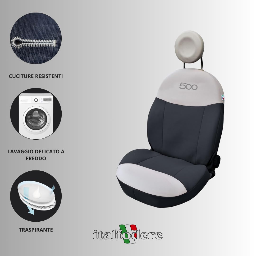 Italfodere - Coppia Coprisedili Auto Anteriori Compatibili con Fiat 500 dal 2007 in poi - Accessori Auto Interni - Cotone Accoppiato - Confortevoli e Resistenti - Made in Italy - Antracite e Panna