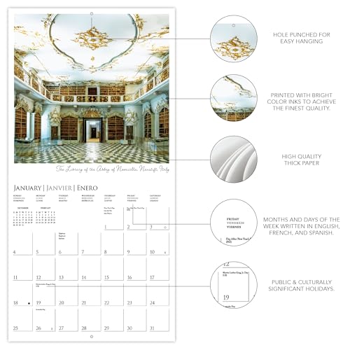Graphique 2026 Libraries Wall Calendar | 12” x 12” | Thick Paper | Home & Office Organizer | Large Monthly Grid | 3 Languages & Marked Holidays | 4 Month Preview Page for 2027
