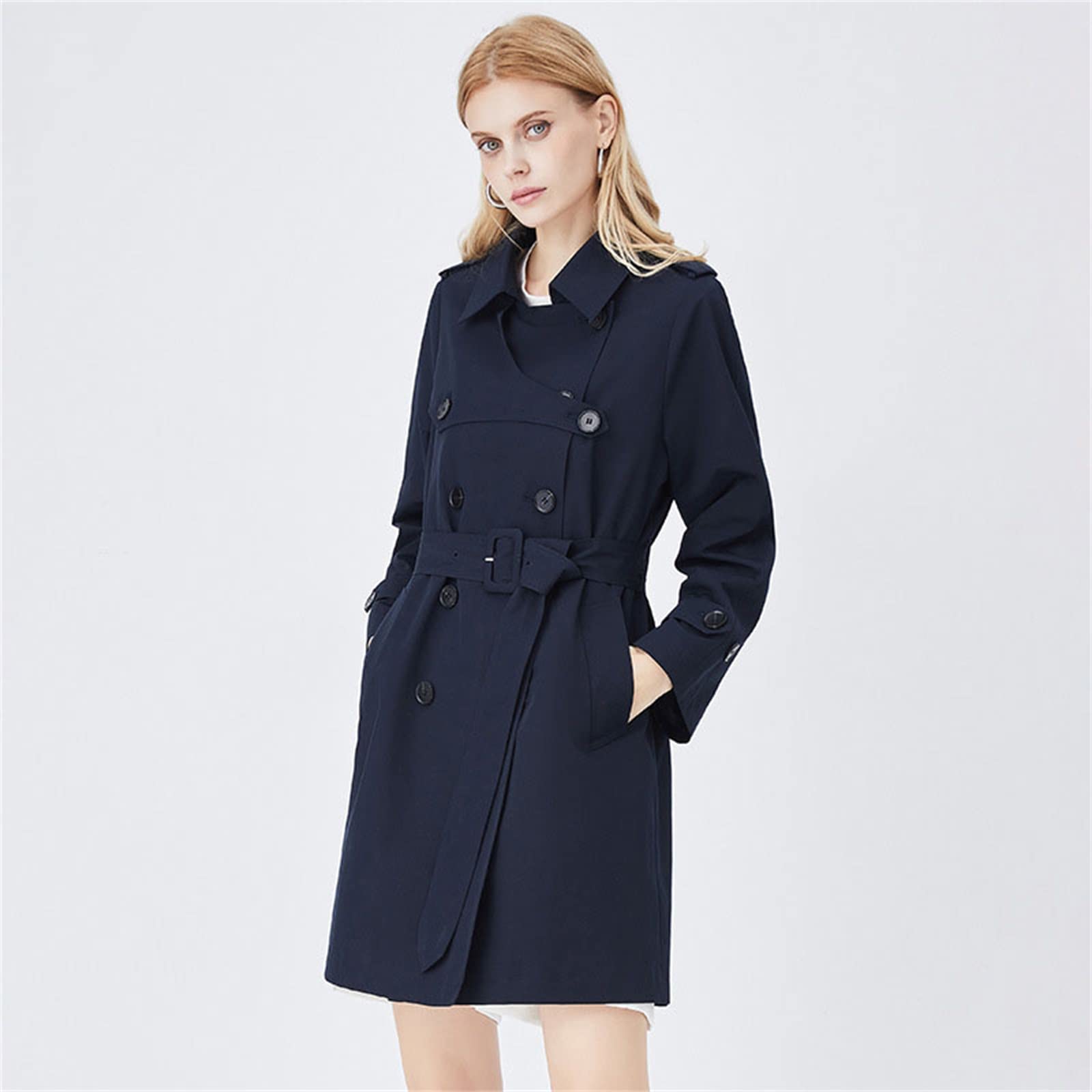 Yytcsjz Trench coat da donna doppio petto, Donna Mid Length Classic Lapel con cintura Trench Coat, Giacche sottili a maniche lunghe, per primavera e autunno, shopping e lavoro