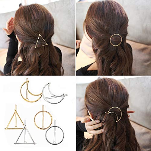 BeautyMood 6pcs Minimalist Dainty Gold Silver Hollow Geometric Metal Hairpin Hair Clip Clamps,Circle, Triangle and Moon