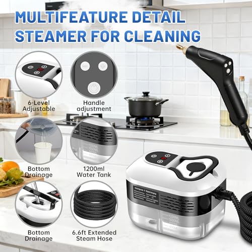 Image of High Pressure Steam Cleaner, 6-Level Adjustable, 15s Heat-Up, 1.2L Large Tank. Portable High Temp Bathroom Power Steamer Cleaning Machine Steam Cleaner For Home Use Kitchen Grease Car Cleaning
