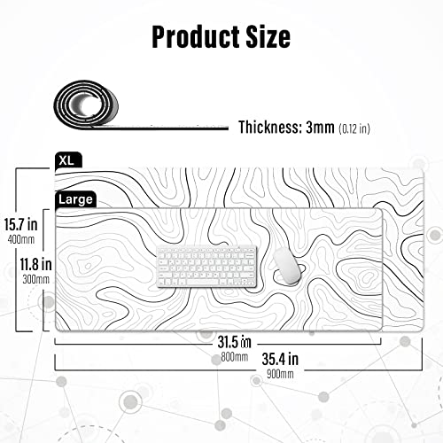Image of Ovenbird Large Gaming Mouse Pad with Stitched Edges, Minimalist Topographic Map Desk Mat, Extended XL Mousepad with Anti-Slip Base, Cool Desk Pad for Keyboard and Mouse, 35.4 x 15.7 in, White