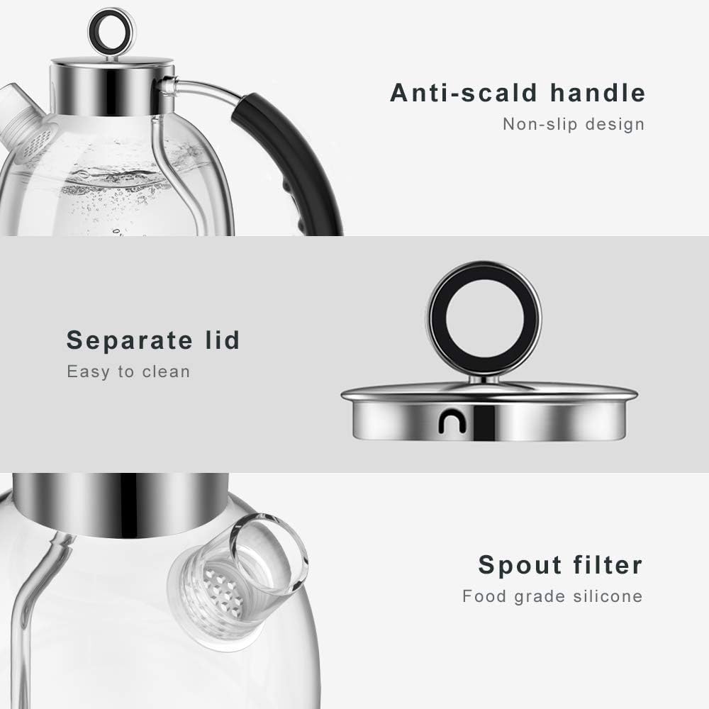 ASCOT Hervidor de agua de cristal, hervidor eléctrico regalos para hombres/mujeres/familias 1,5 L hervidor de agua a presión, protección contra ebullición en seco y apagado automático (plata)