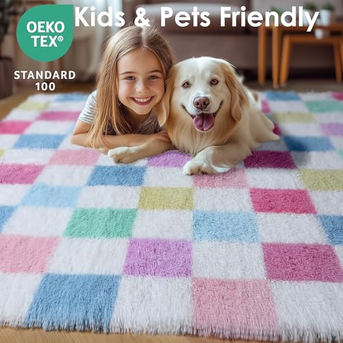 Image of KICMOR Pink Rainbow Area Rugs for Bedroom Living Room, 4x6 Fluffy Soft Colorful Checkered Rug Cute Fuzzy Shag Shaggy Bedside Plush Carpet for Kids Boys Girls Teen Dorm Nursery Home Decor Aesthetic