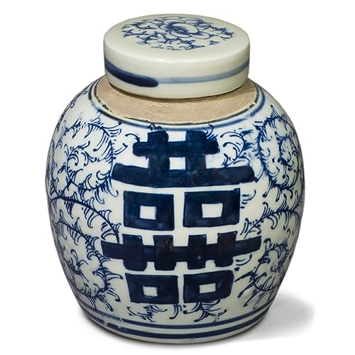China Furniture Online Blue and White 4.5in Porcelain Double Happiness Small Chinese Jar with Lid
