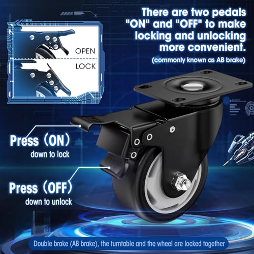 Image of 3 Inch Caster Wheels, Casters Set of 24, ASHGOOB Casters with Brake Heavy Duty, Industrial Locking Swivel Top Plate Castor Wheels for Workbench /Furniture /Cart. （AB Switch, Double Pedal Brake