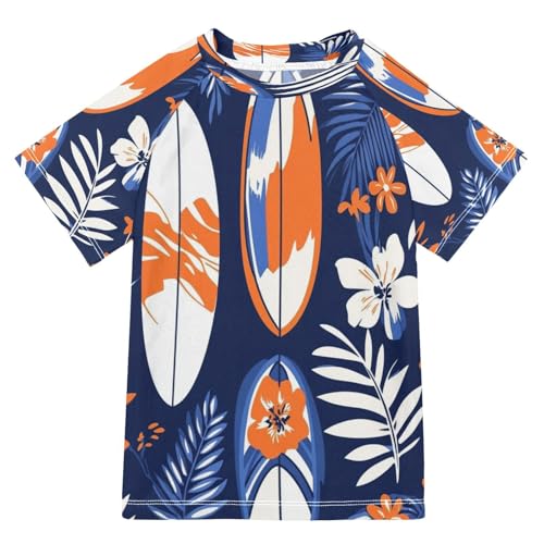 Boys Short Sleeve T-Shirts Surfboard Palm Tree Floral Rashguard Kids Swim Shirts Sun UPF 50+