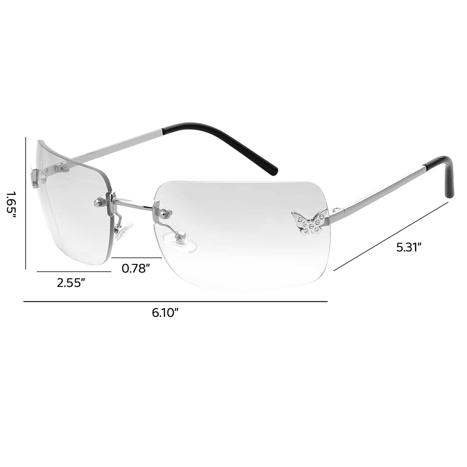 knliwkm Lentes de sol rectangulares Y2K sin montura para mujeres y hombres, lindos, pequeños, transparentes, sin marco, lentes tintados, 2000, a la moda, mariposa