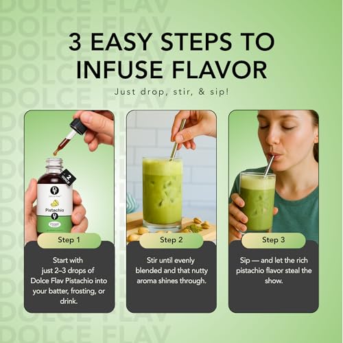 Image of Dolce Flav Pistachio Extract - 2 Ounce Water-Soluble Kosher, Sugar-Free, Concentrated Nutty Pistachio Flavor for Baking, Ice Cream & Pastries, Includes Measured Dropper, Pack of 2