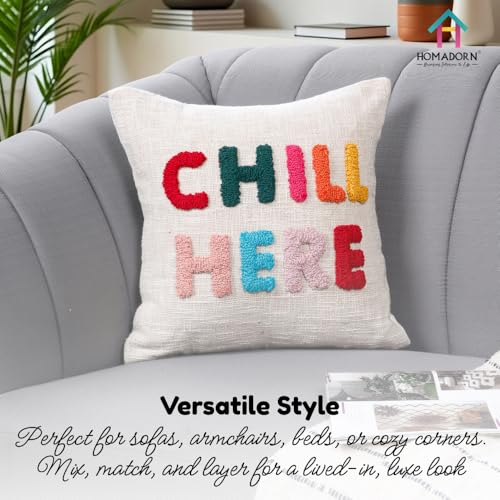 Image of HOMADORN 100% Cotton Hand Tufted Cushion Cover | Text Pattern Decorative Pillow Case | Boho Sofa Cushion Cover for Living Room | Soft & Durable | (16x16 Inches) (2, CHILL HERE Multicolor)