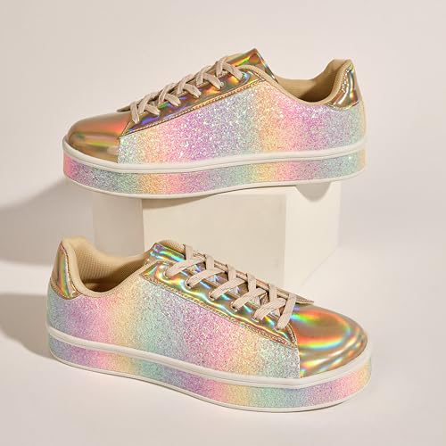 Image of UUBARIS Women's Glitter Tennis Sneakers Neon Dressy Sparkly Sneakers Rhinestone Bling Wedding Bridal Shoes Shiny Sequin Shoes