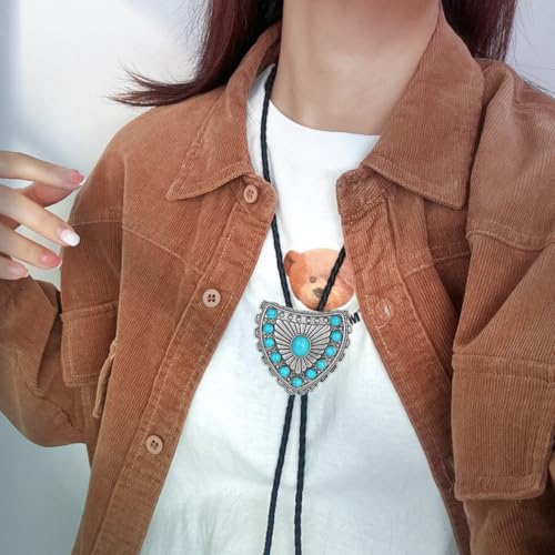 Image of AZORA Western Cowboy Bolo Tie Men Leather Necktie Leather Cord Turquoise Stone Bolo Ties for Men Women
