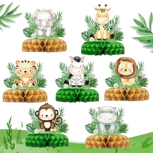 7 peças de decoração de aniversário de animais da selva, decoração de mesa de favo verde, decoração de festa temática da selva, suprimentos de festa de safari, decoração de mesa para