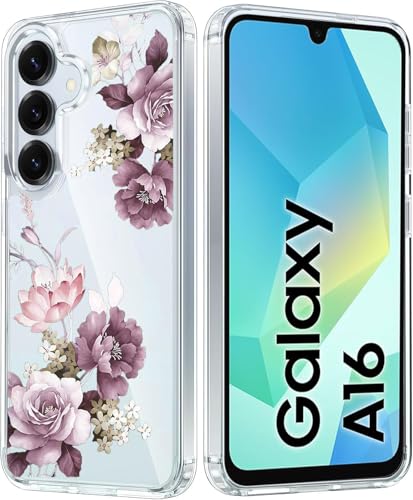 Image of Elzzi Transparent Flower Cover for Samsung A16 Case Shockproof Floral Design Full Camera Protection Shockproof PC+TPU Covers for Girls & Women (Deep)