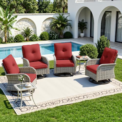 Image of 6-Piece Small Patio Furniture Set, Outdoor Swivel Rocking Chairs Set with Wicker Chairs and Tempered Glass Side Table, Outdoor Furniture Patio Bistro Set for Balcony, Deck, Porch
