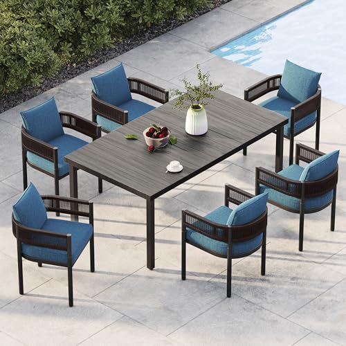 Grand patio Outdoor Dining Set for 6, 7 PCS Patio Table and Chairs Set, Metal Woven Wicker Fixed Patio Chairs with Thickened Cushions & 1 Rectangular