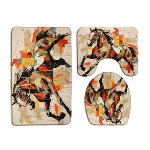 WUASDCS 3PCS Horse Bath Mat Set Watercolor Western Farm Animal Running in Farm Field Farmhouse Wildlife Bathroom Kitchen Floor Mat Doormat,Toilet Lid Cover and Bath Mat Microfiber Home Decoration Rug