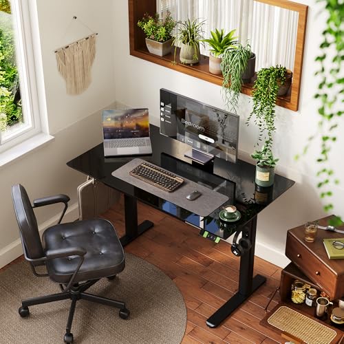 Image of INNOVAR Glass Standing Desk with Drawers 48x24 Inch Black