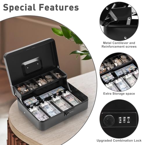 Image of KYODOLED Metal Cash Box with Combination Lock & Spring-Loaded Bill Clips, 5-Compartment Cantilever Coin Tray, Portable Safe for Yard Sales /Craft Fairs /Small Businesses, 11.81 inchx9.45 inchx3.54 inch, Black