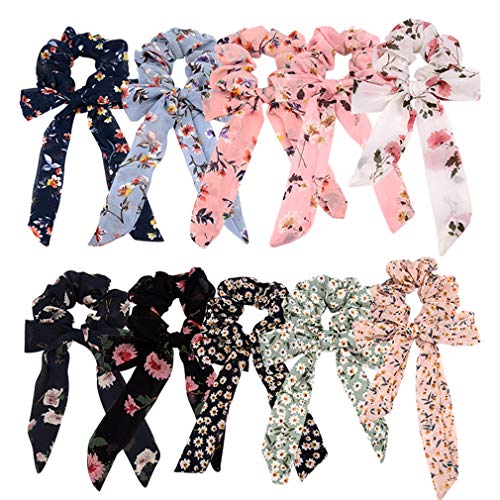 10 Pcs Hair Scarf Scrunchies, Bow Scrunchies Chiffon Floral Ponytail Holder with Tail, BowKnot Hair Accessories Flower Hair Bands for Women Girls Bunny Hair Ropes Bulk for Women's Hair