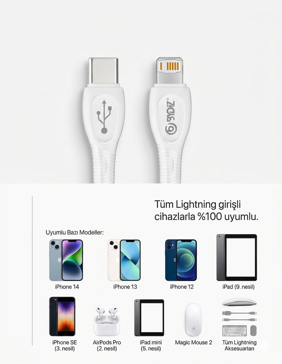 ByDiz iPhone USB-C to Lightning Hızlı Şarj Kablosu Type-C PD Destekli 14/13/12/11 Pro Max Xs Max XR X AirPods Pro Uyumlu - Yeni Nesil Akıllı Çip (iOS Uyumlu)