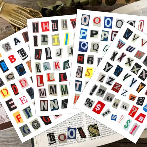 AOZUO 181pcs / 4 Sheets Retro Alphabet Stickers, Vintage Scrapbook Sticker English Alphabet Number Symbol Label Decals Aesthetic Letter Sticker for Scrapbooking DIY Crafts Artistic Journaling