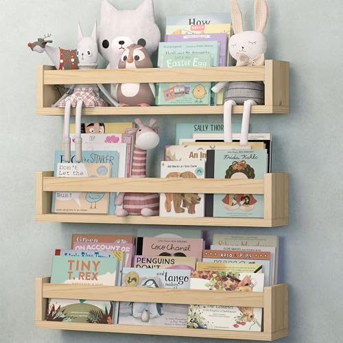Image of NATURE SUPPLIES Set of 3, 23.1 Inches, Natural Wood Floating Shelves for Wall, Kids Bookshelf for Bedroom, Nursery Storage, Decorative Wall Shelves for Kids Rooms