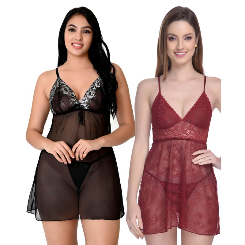 Image of Love Maker Soft Spandex Net Women Babydoll Honeymoon Nightwears Combo Small to 3XL