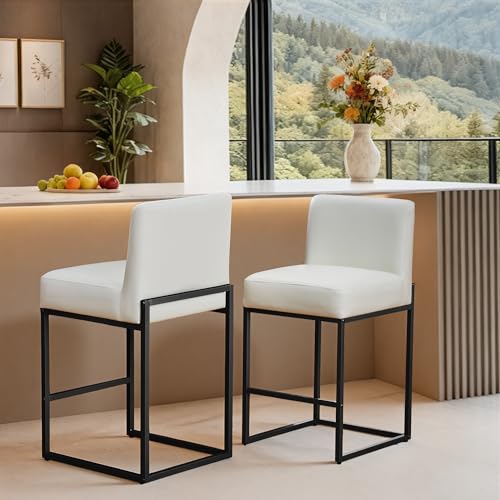 LVHOMLAX Counter Height Bar Stools,Bar Stools Set of 2,26" PU Leather Modern Kitchen BarStools with Backs,Bar Chairs with Metal Black Frames,Beige White/PU