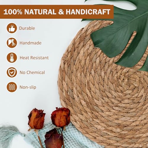 GENMOUS Woven Placemats Set of 10,12" Round Placemats Natural Water Hyacinth Boho Placemats,Farmhouse Rattan Chargers for Dinner Plates,Rustic Braided Wicker Table Mats for Dining Table,Home,Wedding - Thumbnail 3