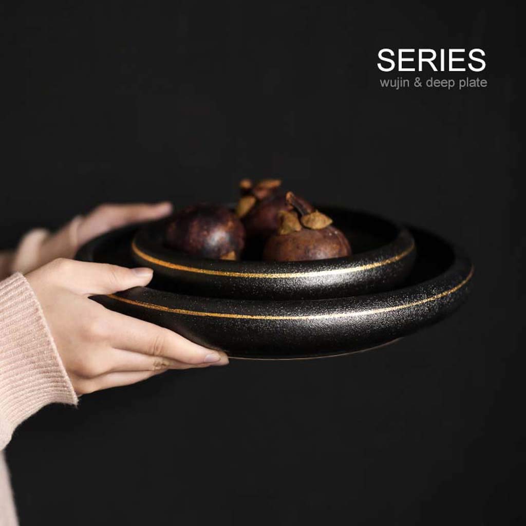Ensemble bol et assiette japonais en céramique noire et dorée - Bol profond à salade et à nouilles - Plat de service créatif idéal pour le petit déjeuner et la maison