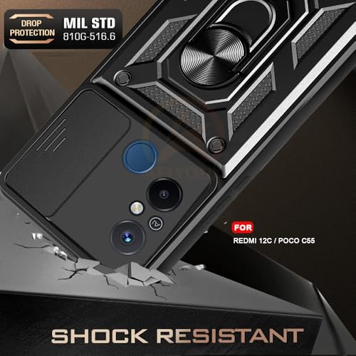 Image of Armor Bumper Back Cover Case for Redmi 12C / Poco C55 Rotating Camera Cover, Ring Holder & Kickstand | Heavy Duty & 360 Degree Protection Redmi 12C / Poco C55 Back Cover (Black)