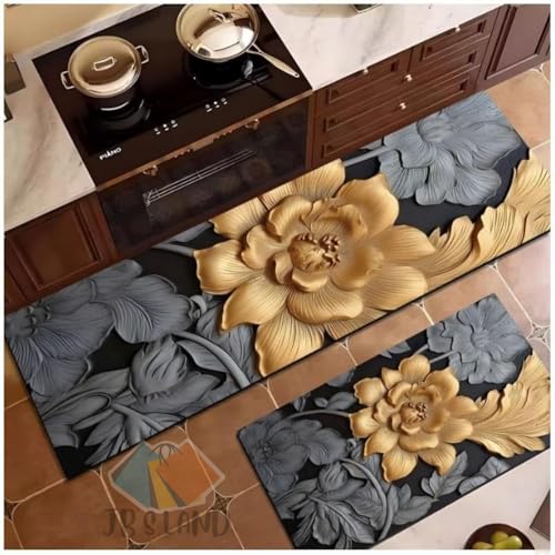 Image of JB'S LAND Kitchen Mats for Floor Anti Slip Set of 2 Pcs, Waterproof Anti-Slip Kitchen Runner Rugs with Printed Tile Design & Rubber Base, Cooking & Laundry (120x40 cm + 60x40 cm)